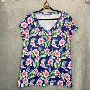 Amazon 2X Top Shirt Blue Pink Floral Short Sleeve V Neck Stretch Casual Womens